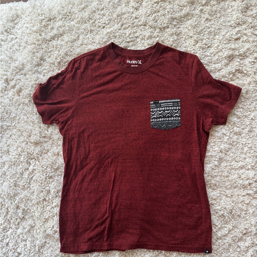 Hurley Men's Maroon Tee with Geometric Pocket